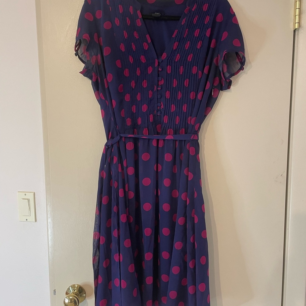 J.B.S. Navy and Pink Polka Dot Midi Dress